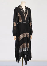 Load image into Gallery viewer, Fashion Black V Neck Lace Patchwork Floral Maxi Dresses Puff Sleeve