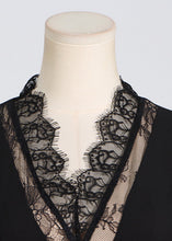 Load image into Gallery viewer, Fashion Black V Neck Lace Patchwork Floral Maxi Dresses Puff Sleeve