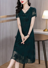 Load image into Gallery viewer, Fashion Blackish Green V Neck Embroidered Chiffon Long Dress Summer