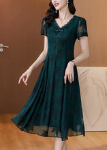 Load image into Gallery viewer, Fashion Blackish Green V Neck Embroidered Chiffon Long Dress Summer