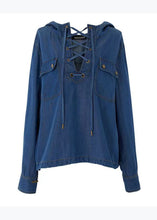 Load image into Gallery viewer, Fashion Blue Hooded Lace Up Denim Shirt Tops Long Sleeve