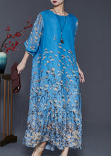 Load image into Gallery viewer, Fashion Blue Oversized Floral Silk Beach Dress Spring