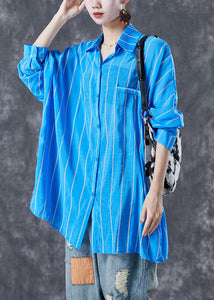 Fashion Blue Oversized Striped Cotton Shirt Tops Summer