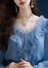 Load image into Gallery viewer, Fashion Blue Ruffled Solid Chiffon Tops Long Sleeve