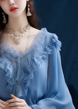 Load image into Gallery viewer, Fashion Blue Ruffled Solid Chiffon Tops Long Sleeve