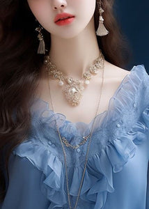 Fashion Blue Ruffled Solid Chiffon Tops Long Sleeve