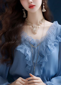 Fashion Blue Ruffled Solid Chiffon Tops Long Sleeve