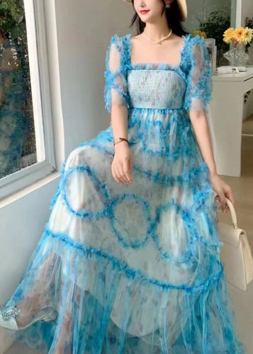 Fashion Blue Square Collar Ruffled Print Tulle Long Dress Summer