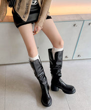 Load image into Gallery viewer, Fashion Chunky High Boots Brown Cowhide Leather Wrinkled