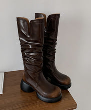 Load image into Gallery viewer, Fashion Chunky High Boots Brown Cowhide Leather Wrinkled