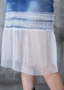 Fashion Denim Blue Ruffled Patchwork Tulle Skirt Summer