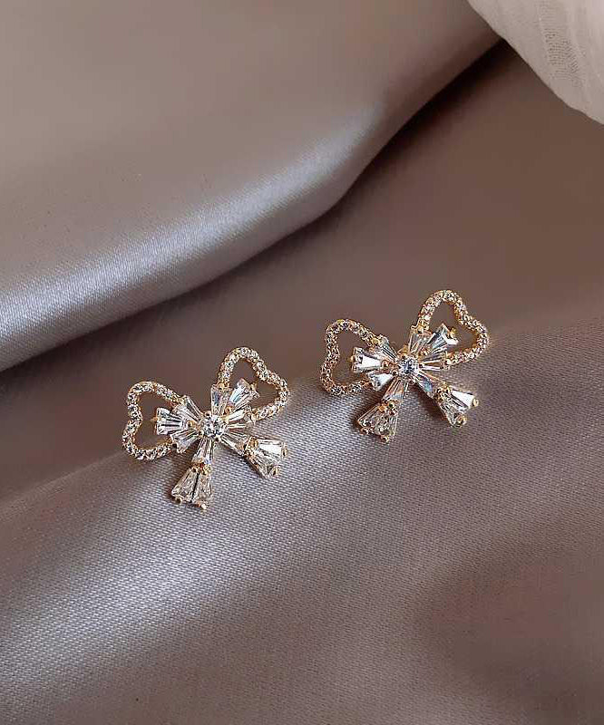 Fashion Gold Sterling Silver Alloy Zircon Bow Stud Earrings