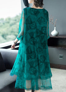 Fashion Green O-Neck Print Patchwork Tulle Maxi Dresses Summer