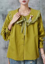 Load image into Gallery viewer, Fashion Green Peter Pan Collar Patchwork Lace Cotton Shirt Spring