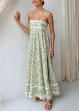 Load image into Gallery viewer, Fashion Green Print Patchwork Cotton Spaghetti Strap Dress Summer