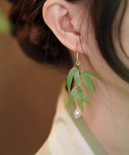 Load image into Gallery viewer, Fashion Green Sterling Silver Overgild Pearl Bamboo Leaf Drop Earrings