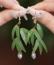 Load image into Gallery viewer, Fashion Green Sterling Silver Overgild Pearl Bamboo Leaf Drop Earrings