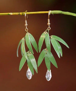 Fashion Green Sterling Silver Overgild Pearl Bamboo Leaf Drop Earrings