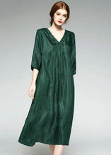 Load image into Gallery viewer, Fashion Green V Neck Wrinkled Jacquard Patchwork Silk Dress Summer