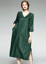 Load image into Gallery viewer, Fashion Green V Neck Wrinkled Jacquard Patchwork Silk Dress Summer