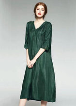 Load image into Gallery viewer, Fashion Green V Neck Wrinkled Jacquard Patchwork Silk Dress Summer