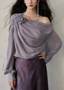 Fashion Grey Asymmetrical Solid Chiffon Shirt Long Sleeve