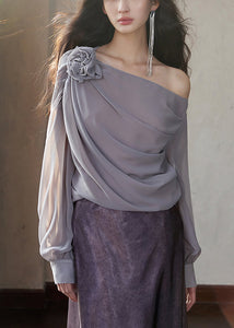 Fashion Grey Asymmetrical Solid Chiffon Shirt Long Sleeve