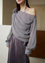 Load image into Gallery viewer, Fashion Grey Asymmetrical Solid Chiffon Shirt Long Sleeve