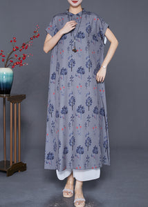 Fashion Grey Stand Collar Print Chiffon Maxi Dress Summer