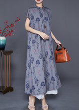 Load image into Gallery viewer, Fashion Grey Stand Collar Print Chiffon Maxi Dress Summer