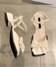 Load image into Gallery viewer, Fashion Nail Bead Bow Splicing Chunky Sandals Khaki Faux Leather