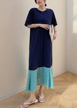 Load image into Gallery viewer, Fashion Navy Print Patchwork Fake Two Pieces Maxi Dresses Short Sleeve