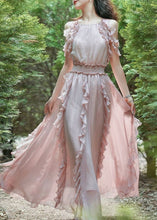 Load image into Gallery viewer, Fashion Pink Ruffled Patchwork Cold Shoulder Chiffon Dress Summer