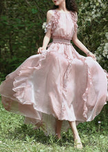 Load image into Gallery viewer, Fashion Pink Ruffled Patchwork Cold Shoulder Chiffon Dress Summer