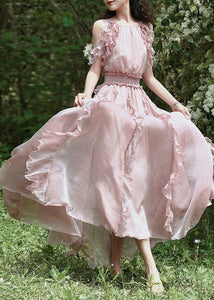 Fashion Pink Ruffled Patchwork Cold Shoulder Chiffon Dress Summer