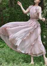 Load image into Gallery viewer, Fashion Pink Ruffled Patchwork Cold Shoulder Chiffon Dress Summer