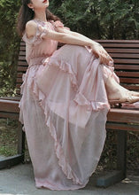 Load image into Gallery viewer, Fashion Pink Ruffled Patchwork Cold Shoulder Chiffon Dress Summer