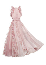 Load image into Gallery viewer, Fashion Pink Ruffled Patchwork Cold Shoulder Chiffon Dress Summer