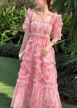 Load image into Gallery viewer, Fashion Pink Ruffled Patchwork Print Tulle Holiday Dress Summer