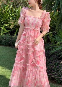 Fashion Pink Ruffled Patchwork Print Tulle Holiday Dress Summer