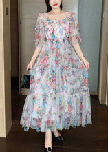 Load image into Gallery viewer, Fashion Pink Ruffled Patchwork Print Tulle Holiday Dress Summer