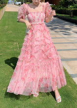 Load image into Gallery viewer, Fashion Pink Ruffled Patchwork Print Tulle Holiday Dress Summer