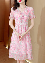 Load image into Gallery viewer, Fashion Pink V Neck Ruffled Print Chiffon Dress Summer