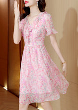 Load image into Gallery viewer, Fashion Pink V Neck Ruffled Print Chiffon Dress Summer