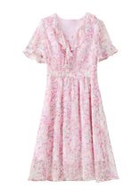 Load image into Gallery viewer, Fashion Pink V Neck Ruffled Print Chiffon Dress Summer