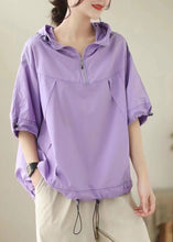 Load image into Gallery viewer, Fashion Purple Patchwork Cotton Solid Hooded Top Short Sleeve