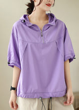 Load image into Gallery viewer, Fashion Purple Patchwork Cotton Solid Hooded Top Short Sleeve