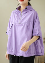 Load image into Gallery viewer, Fashion Purple Patchwork Cotton Solid Hooded Top Short Sleeve