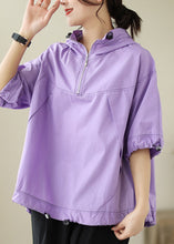 Load image into Gallery viewer, Fashion Purple Patchwork Cotton Solid Hooded Top Short Sleeve