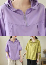 Load image into Gallery viewer, Fashion Purple Patchwork Cotton Solid Hooded Top Short Sleeve